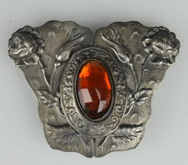 Antique Victorian 2 Piece Belt Buckle With Floral Design-Amber Colored Stone -