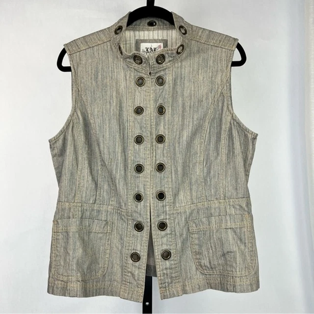 Live A Little Vest Womens Large Gray Boho Denim Striped Metal Grommet Trim