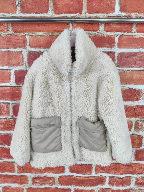 Girls Coat Age 7-8 Years Zara Cream Soft Shaggy Fleece Zip Jacket Pockets 128Cm