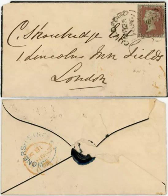GB 1856 WONERSH VILLAGE POSTMARK + GUILDFORD SIDEWAYS DUPLEX 1d RED MOURNING ENV