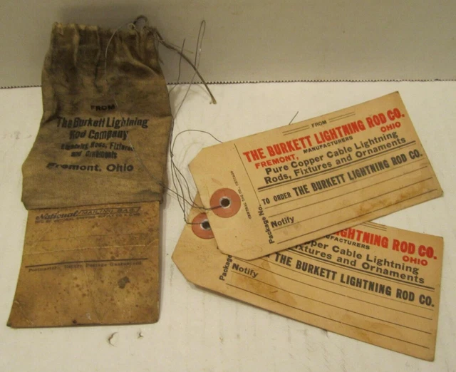 Old Orig. Burkett Lightning Rod Co. Adv. Shipping Tags & Marble Bag Weathervane