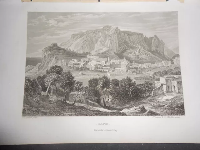 1840 Frommel Incisione Su Acciaio Veduta Di Capri Napoli Regno Due Sicilie