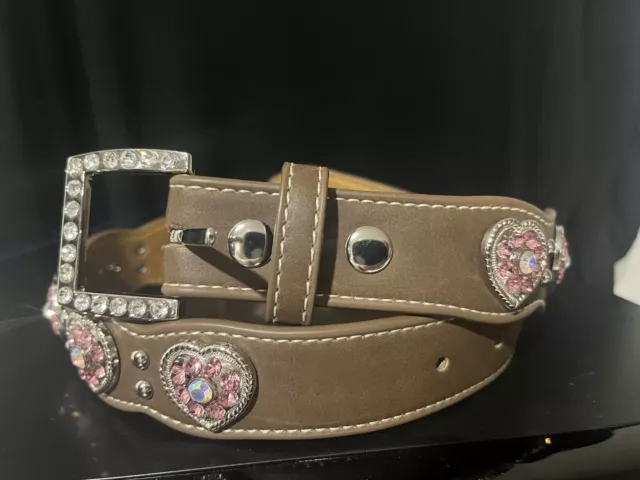 Nocona Girls 24"  Pink Rhinestone  Hearts Western Leather Belt