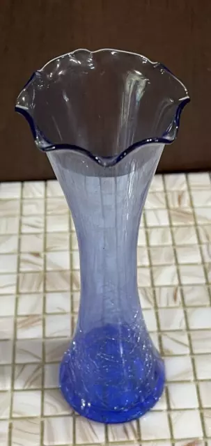 Mid-Century Modern PILGRIM GLASS blue crackle glass bud vase c.1960s 7"