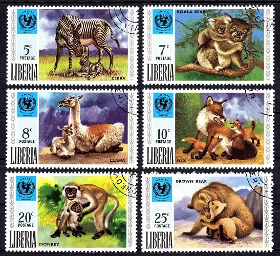 Liberia 803-808 , gestempelt / o / Tiere , Muttertiere , UNICEF