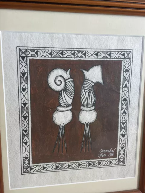 Vintage Pacific Islands Art Painting Samoan Siapo Tapa Cloth Signed Framed 2