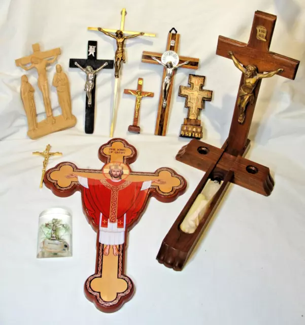 10 Vtg Wall Crucifix Lot Sick Call Assisi King of Glory Icon Wood Metal Lucite+