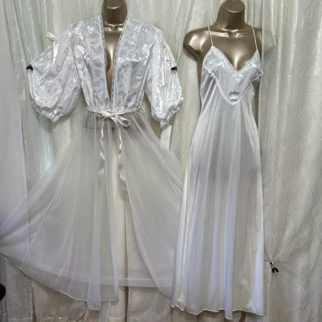 NOS VTG S M PEIGNOIR Set Nightgown Robe Nylon Bridal white puff sleeve ...