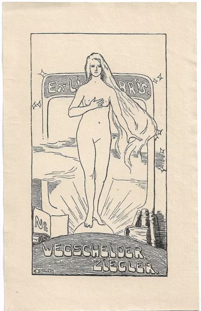 H. SCHWARZ: Exlibris für Wegscheider Ziegler, weibl. Akt auf Sonne