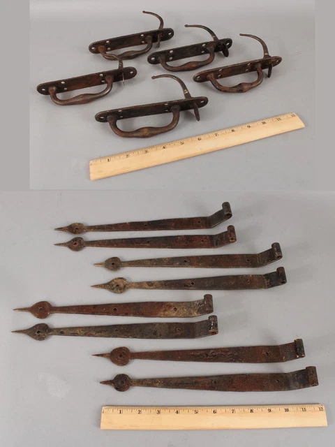 5 Antique Primitive Iron Door Latches Handles & 8 Wrought Iron Strap Hinges