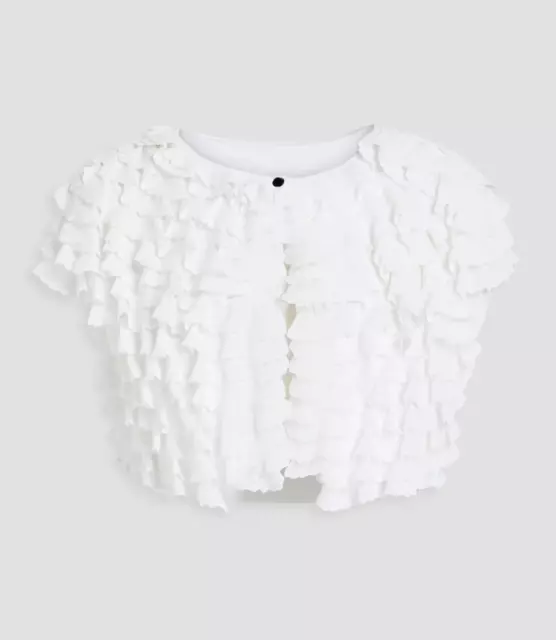 Alaia White Ruffled Pointelle-Knit Crop Bolero Shrug $2,164 Sz FR36 US4/S ~Spots