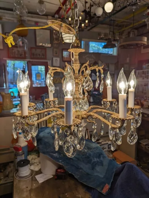 Vintage Lighting 1960s Hollywood Regency brass LARGE crystal chandelier 21" Wide