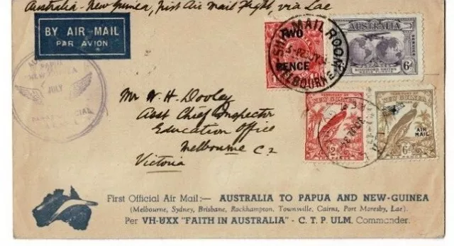 Stamps 1934 Faith in Australia boomerang flight cover to PNG, SHIP MAIL ROOM