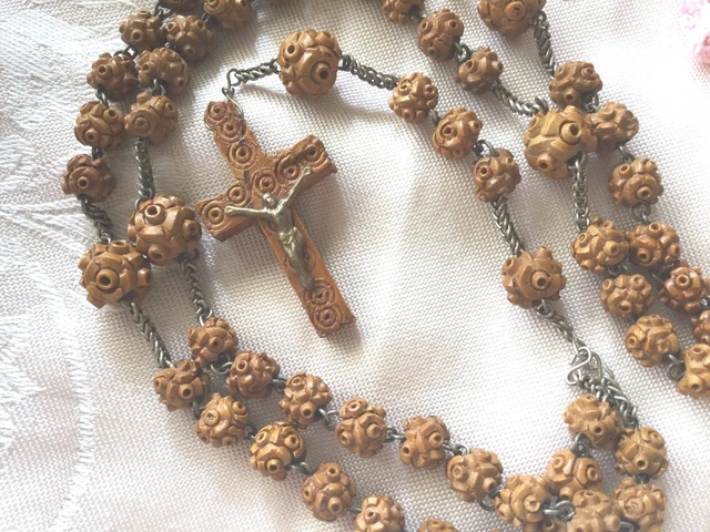 French antique vintage old carved wooden Rosary Beads necklace with wood cross
