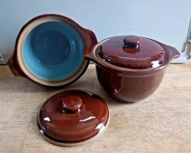 2 x Individual Casserole Dishes - Denby Homestead Brown - Lid Pot Blue Vintage