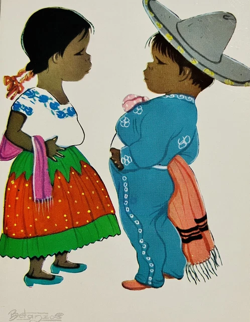 Vintage post card Mexico Mexican Kids Children Boy Girl Love Sombrero Tipico