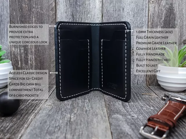 Handmade Full Grain Leather Wallet, Vertical wallet w/ Eight Pockets Slim Design 3