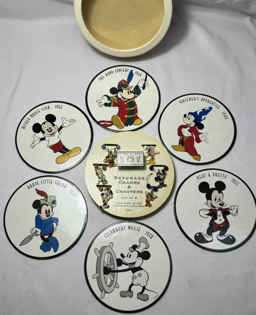 Vintage Disney Mickey Mouse Beverage Wine Charms & Coasters Set of 6 RARE