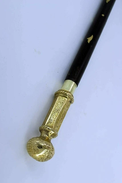 Canne De Marche Ancienne En Bois Noir Avec Pommeau Tête De Cheval En Laiton - Reproduction Vintage