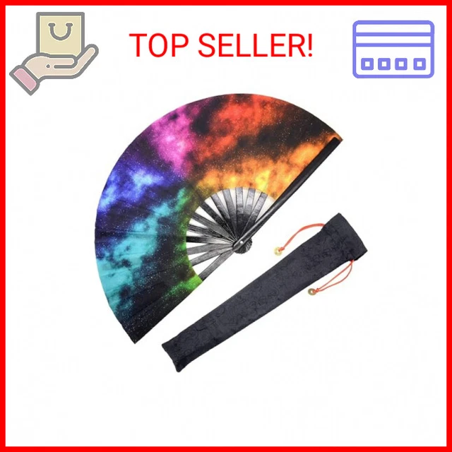 OMyTea Large Rave Folding Hand Fan for Men/Women - 13'' Foldable Clack Festival