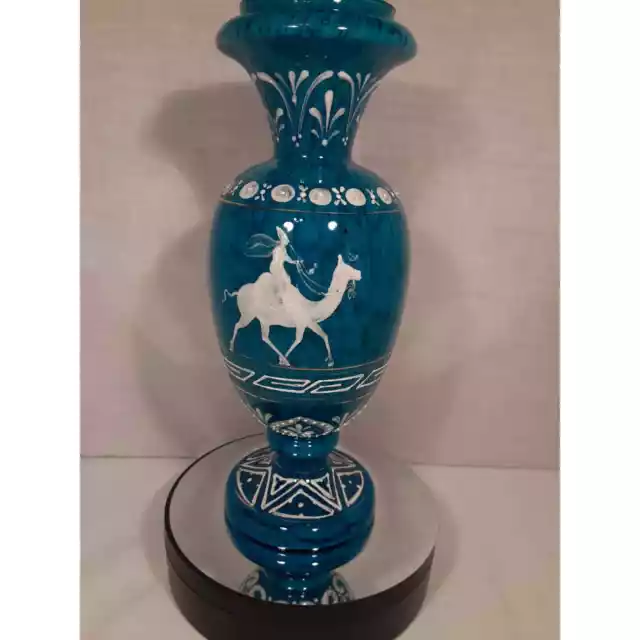 Vintage 9" Bohemian Czech style Middle East/Egyptian themed aqua blue glass vase