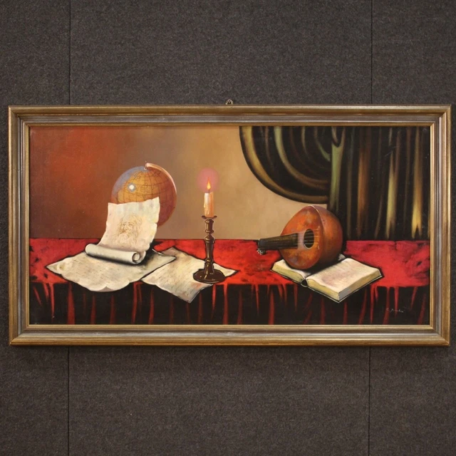 Bodegón cuadro óleo lienzo instrumentos musicales pintura estilo antiguo 900