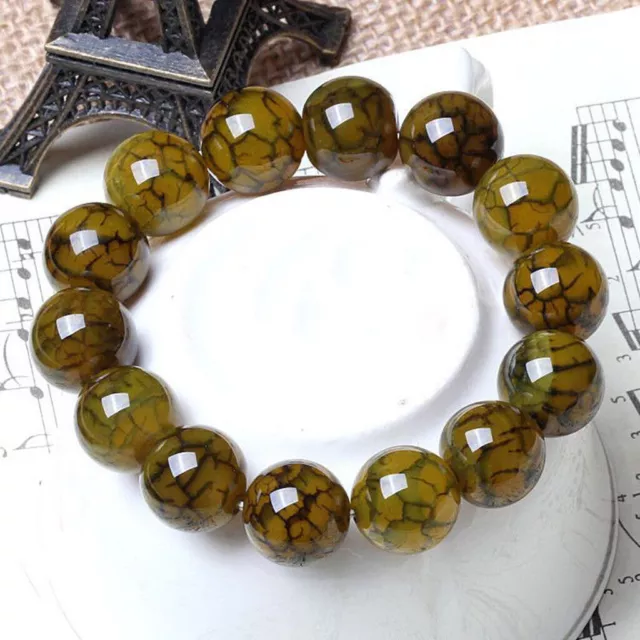 12mm Natural Yellow Dragon Veins Agate Round Gemstone Beads Bracelet 7.5'' AAA