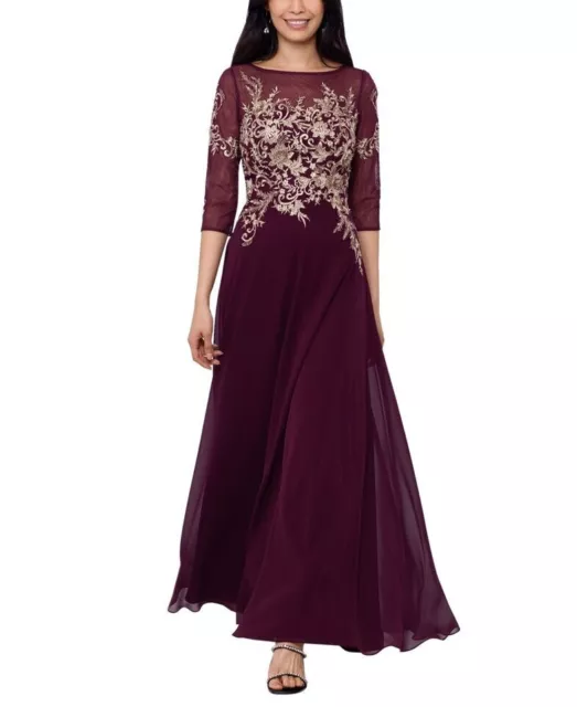 Betsy & Adam Embroidered 3/4-Sleeve Gown Wine/Gold Size 12 $299