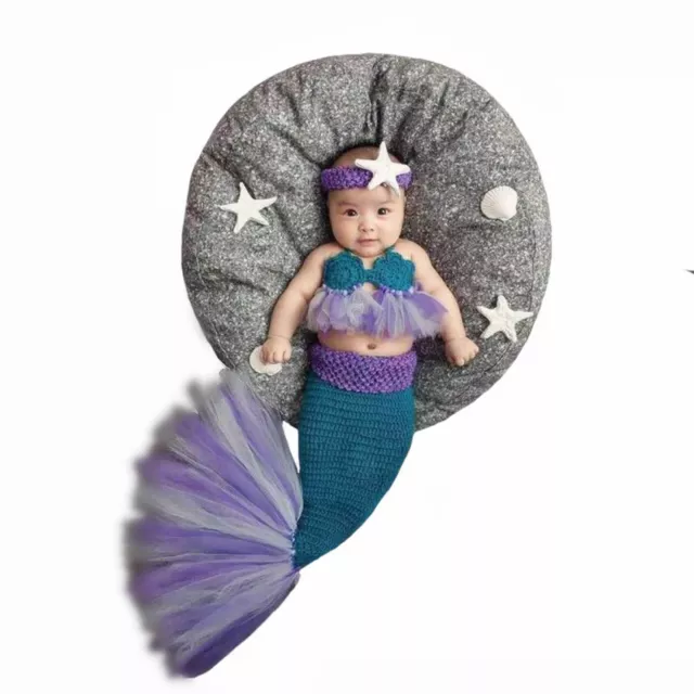 Newborn Baby Girl Boy Crochet Knitted Photo Photography Prop Mermaid Outfit Blue