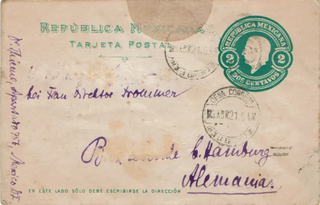 Postkarte Mexiko seltene Ganzsache 2 Centvos nach Buxtehude ca. 1920