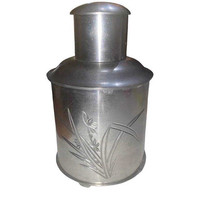 Chinese Pewter Engraved Tea Caddy Floral  5.25” Vintage Small
