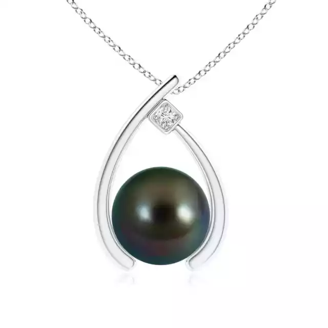 ANGARA 9mm Tahitian Pearl Wishbone Pendant Necklace with Diamond in Silver