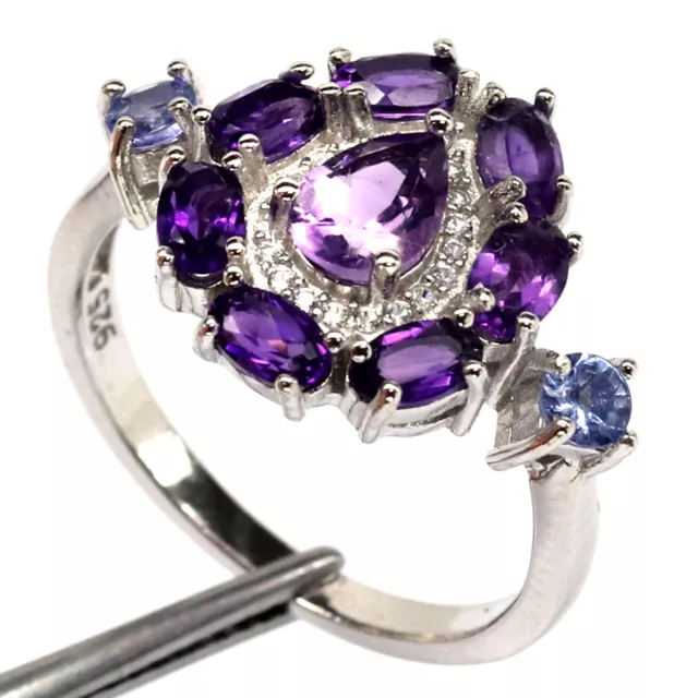 Un Améthyste Violet, Tanzanite Bleue & Blanc Zircone Bague 925 Argent