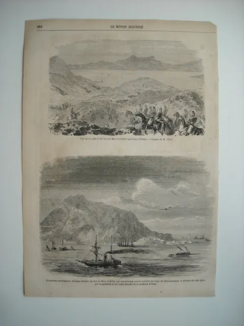 Gravure 1859. Algerie. Rade Et Fort De Mers-El-Kebir, Province D’oran. Attaque..