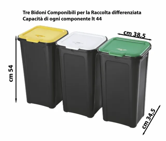 Pattumiera Set 3 Pezzi Coverline 44Litri Con Coperchio Raccolta Differenziata