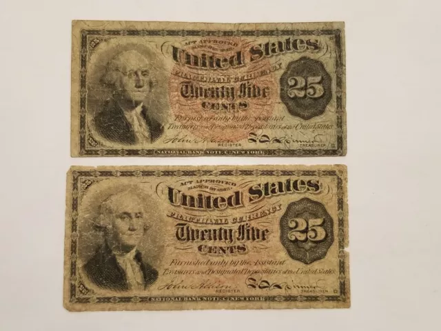 Pair 1863 Washington 25 Cent Fractional Currency Notes (E62)