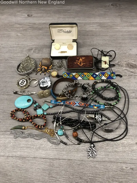 Mens Mixed Jewelry Lot w. Stone Beaded Bolo Tie Ring Adjustable Chain Bracelet