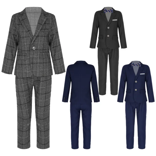 Boy 2/3 Pieces Plaid Formal Suit Set Pants + Blazer + Bow Tie Wedding Outfits