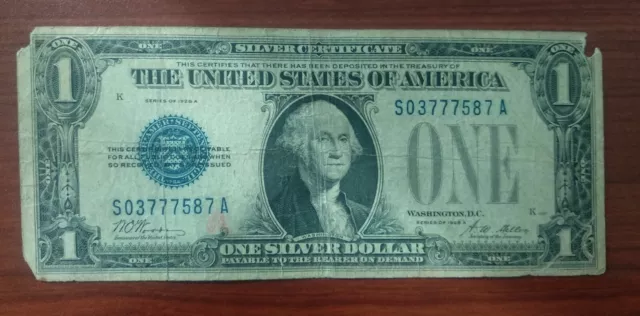 1928 A $1 Blue Seal "FUNNY BACK" One Dollar Silver Certificate VF Condition