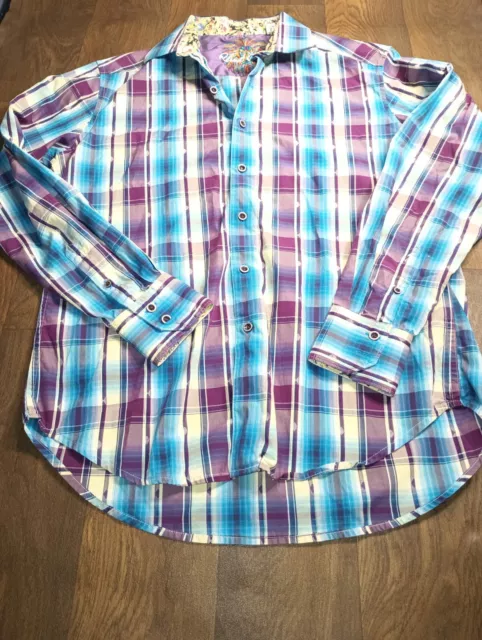 Robert Graham Shirt Mens Small Blue Purple White Plaid Long Sleeve Flip Cuff