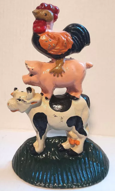 Vintage Farm Animals Door Stop Stand Cast Iron Cow Pig Rooster 7.5" - Upper Deck