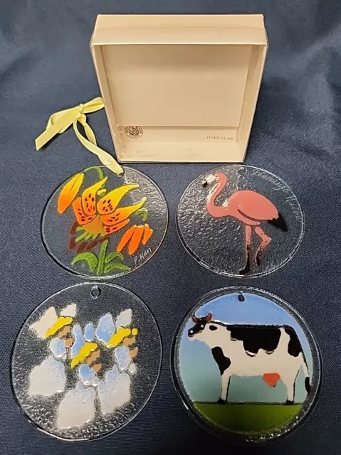 Set of 3+1 Peggy Karr Glass Sun Catcher Ornaments Daylily, Rare Flamingo Hilton