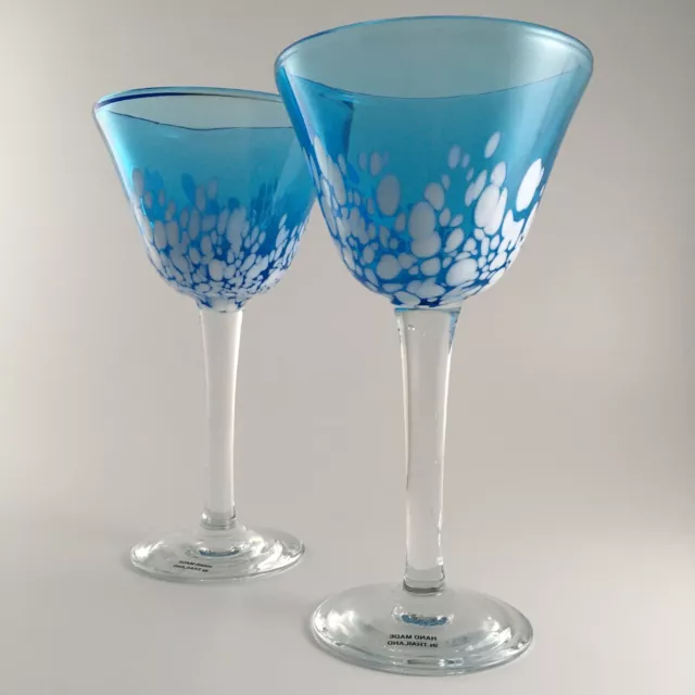 Pair of Blue Art Glass Wine or Water Goblets with White Confetti Pattern, 20cm H