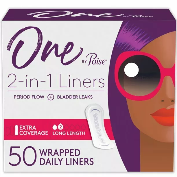 One by Poise 2-in 1 Liners Period Flow+Bladder Leaks Long Length 50 Ct.