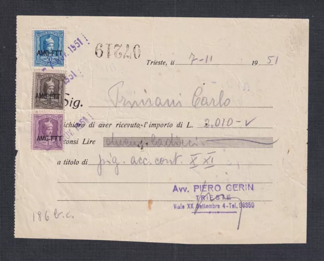 Italy Trieste 1951 Multiple Amg-Ftt Revenue Issues On Postal Receipt Form