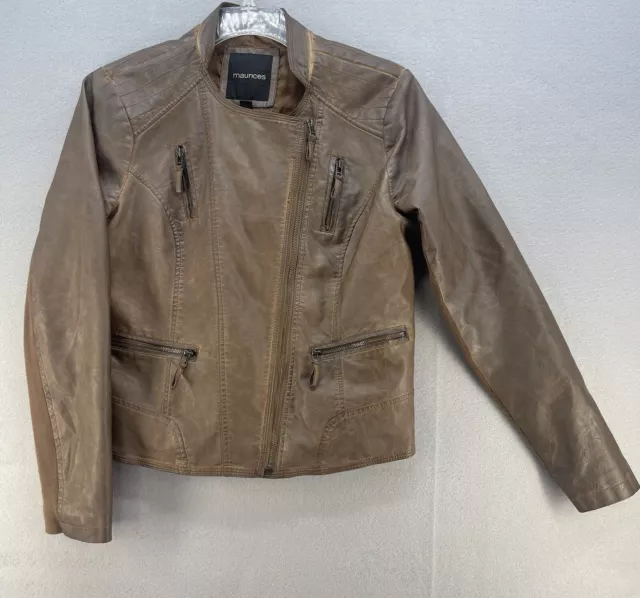 Maurices Women’s Brown Distressed Faux Leather Jacket Size XL Full Zip Moto