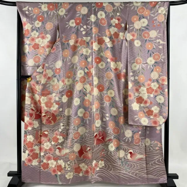 Japanese Kimono Furisode Pure Silk Mandarin Duck Chinese Plum Lilac Color