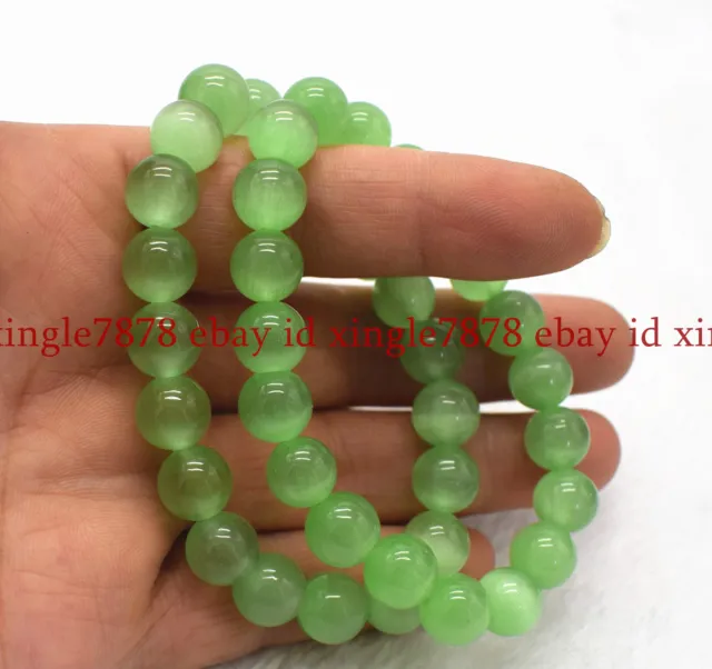 2 Pcs 10mm Natural Light Green Opal Cat's Eye Round Gemstone Beads Bracelet 7.5"