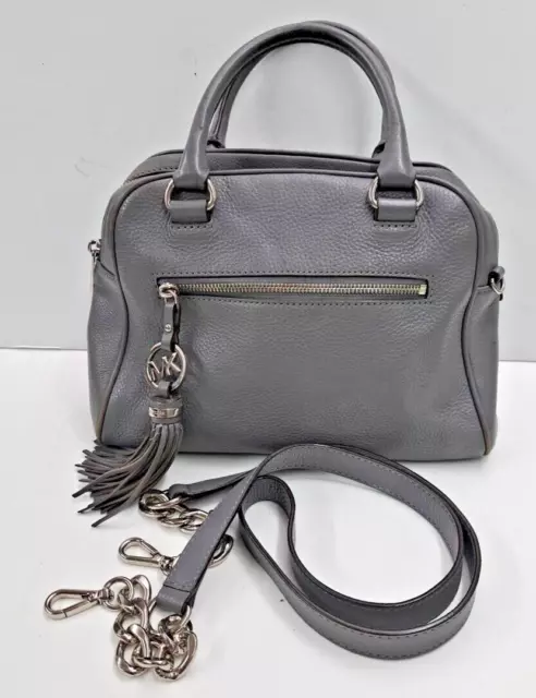 MICHAEL KORS LG Purse Gray Pebbled Leather Dbl handles satchel Chain Strap EUC