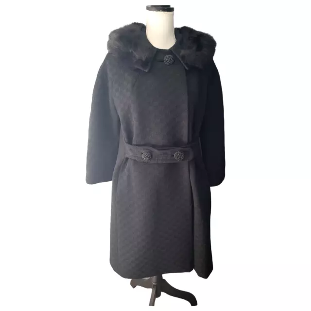 IMPORTED BLACK WOOL Fur Trim Hollywood Princess Coat Size Small 1960's ...